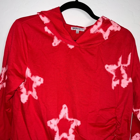 NWT Sportelle 3/4 Sleeve Hooded Star Print Athletic Top Knotted Side Large - Picture 4 of 7